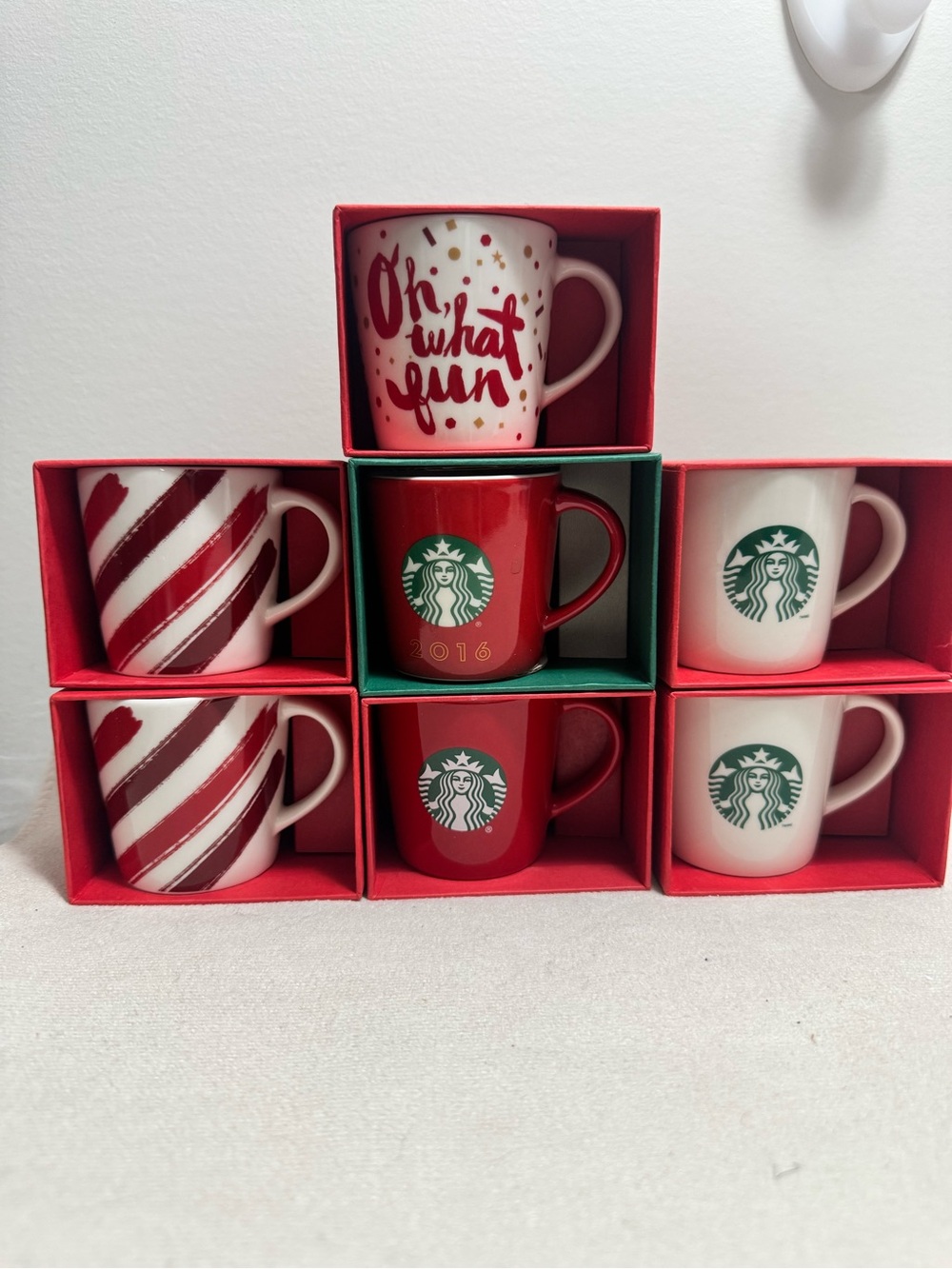 2014-2017, 3oz Starbucks Red and White Holiday Mini Mug Lot 7  New w/ Box Collec